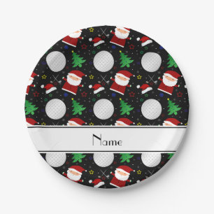 Personalized name black christmas golfing paper plates