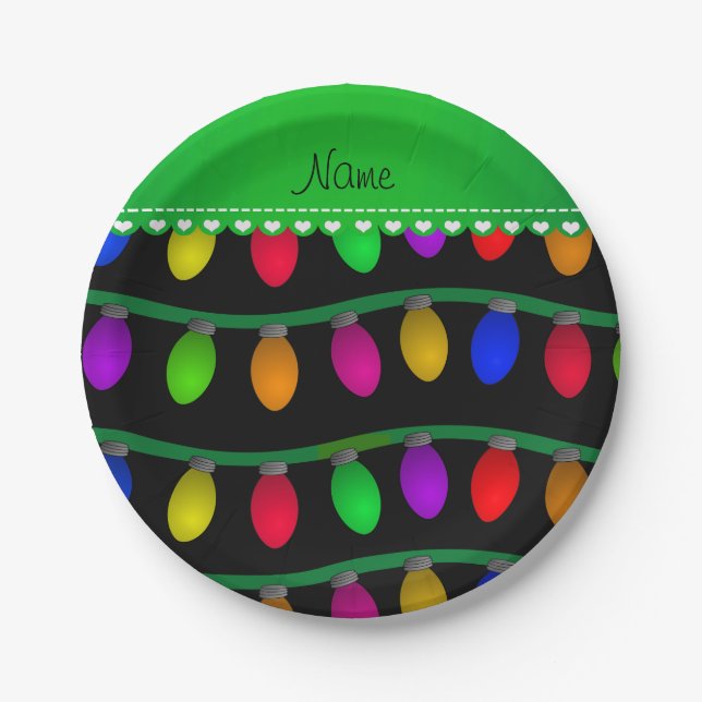 Personalized name black christmas lights paper plates (Front)