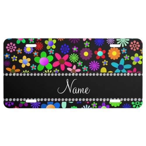 Personalized name black colorful retro flowers license plate