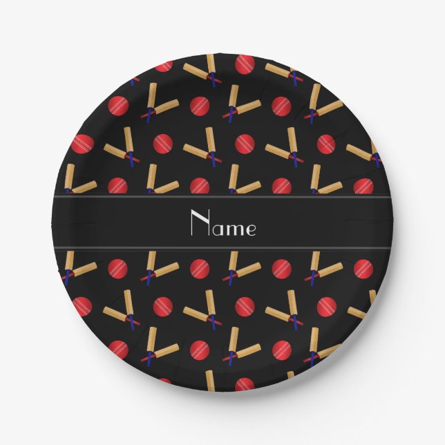Personalized name black cricket pattern paper plates (Front)