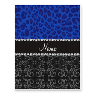 Personalized name black damask blue leopard temporary tattoos