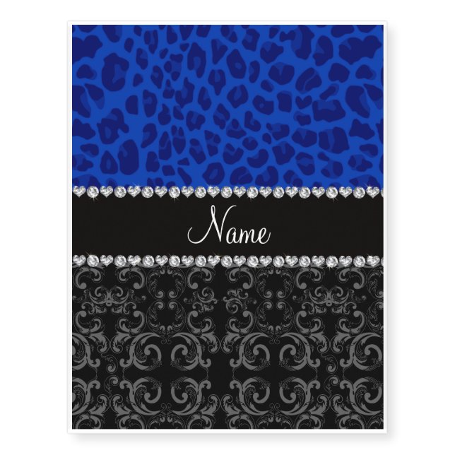 Personalized name black damask blue leopard temporary tattoos (Front)
