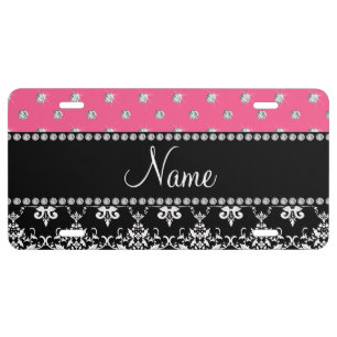 Personalized name black damask pink diamonds license plate