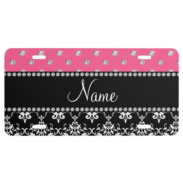 Personalized name black damask pink diamonds license plate (Front)