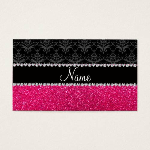 Personalized name black damask pink glitter business card template