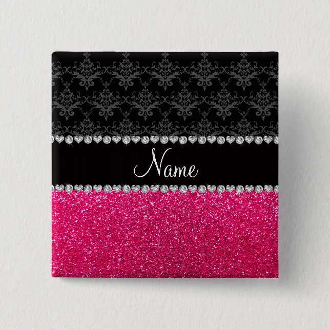 Personalized name black damask pink glitter button (Front)