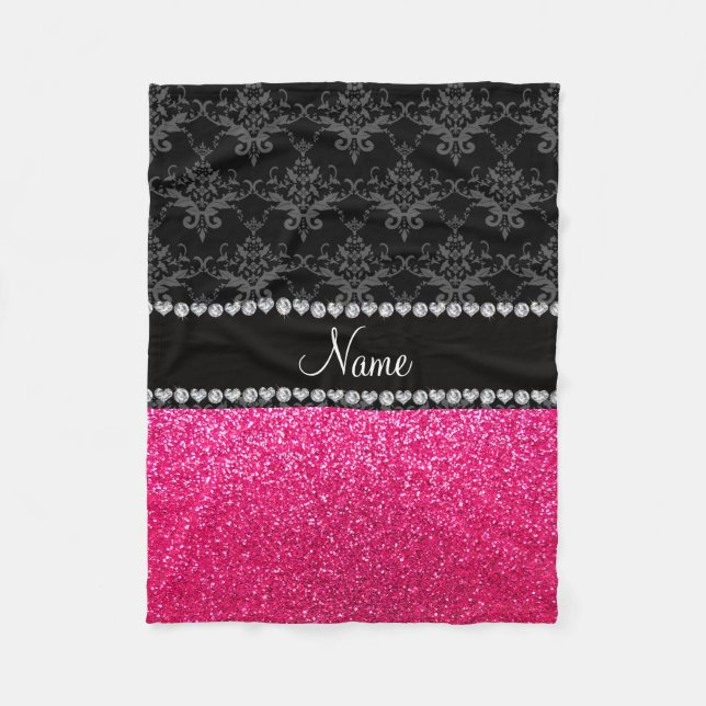 Personalized name black damask pink glitter fleece blanket (Front)