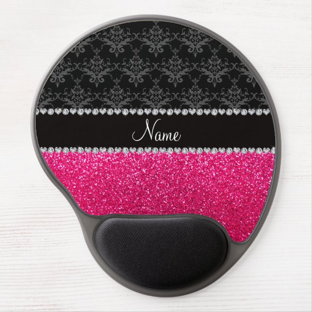Personalized name black damask pink glitter gel mouse pad (Front)