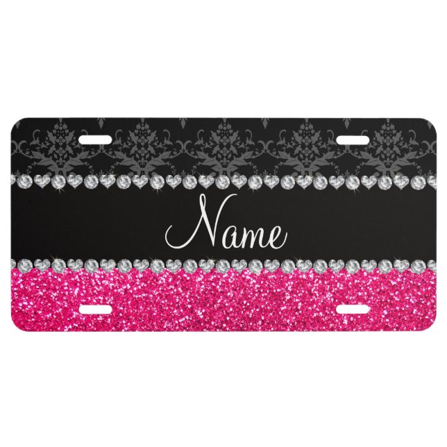 Personalized name black damask pink glitter license plate (Front)