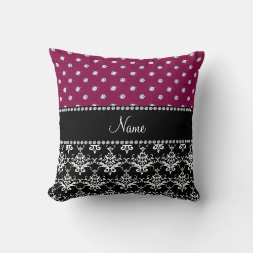 Personalized name black damask plum purple diamond throw pillow