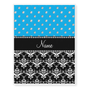 Personalized name black damask sky blue diamonds temporary tattoos