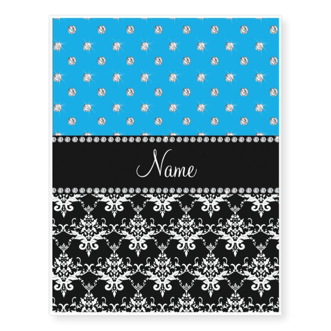 Personalized name black damask sky blue diamonds temporary tattoos (Front)