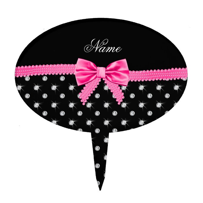 Personalized name black diamonds pink bow cake toppers