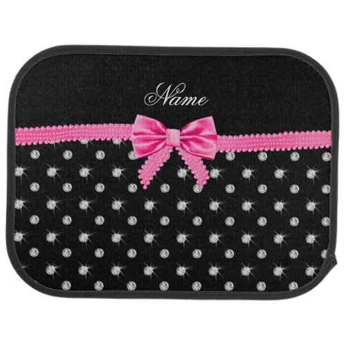 Personalized name black diamonds pink bow car mat