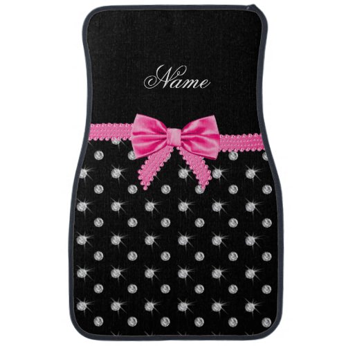 Personalized name black diamonds pink bow car mat