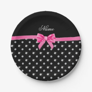 Personalized name black diamonds pink bow paper plates