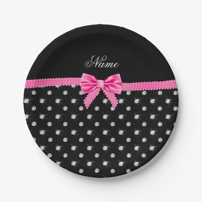 Personalized name black diamonds pink bow paper plates (Front)