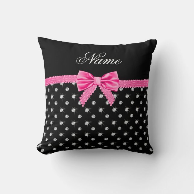 Personalized name black diamonds pink bow throw pillow (Front)