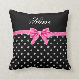 Personalized name black diamonds pink bow throw pillow