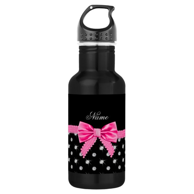Personalized name black diamonds pink bow water bottle (Front)