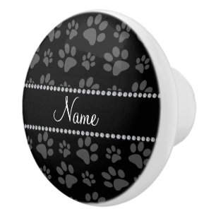 Personalized name black dog paw prints ceramic knob