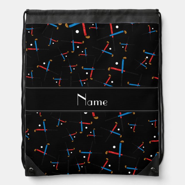 Personalized name black field hockey pattern drawstring bag (Front)