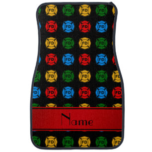 Personalized name black fire department symbols car mat
