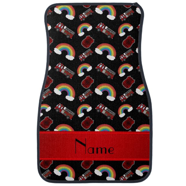 Personalized name black fire trucks rainbows car mat (Front)