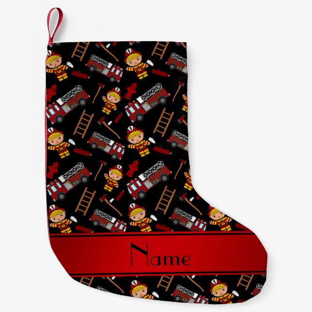 Personalized name black firemen trucks ladders small christmas stocking (Front)
