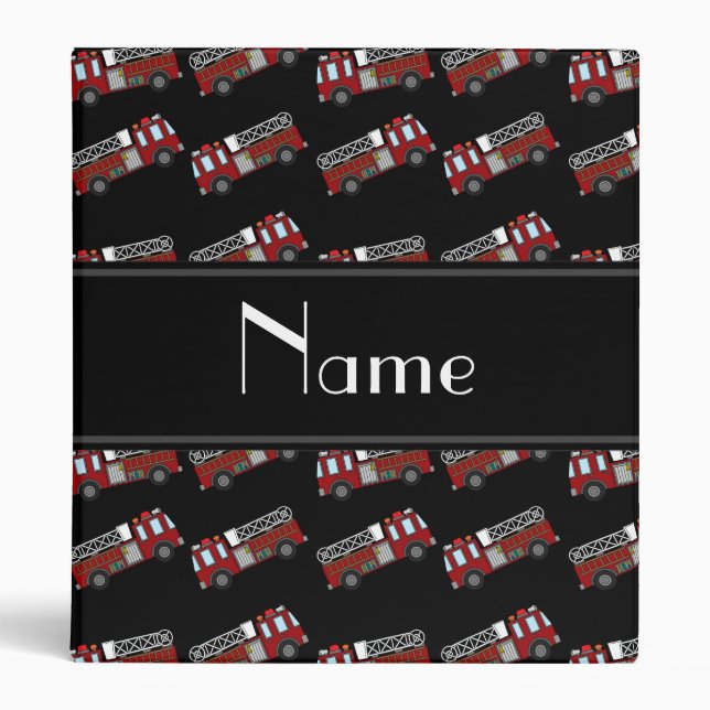 Personalized name black firetrucks 3 ring binder (Front)