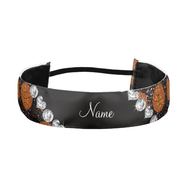 Personalized name black glitter basketballs athletic headband (Front)