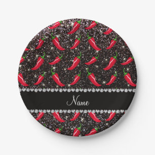Personalized name black glitter chili pepper paper plates