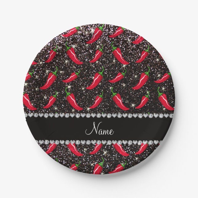 Personalized name black glitter chili pepper paper plates (Front)