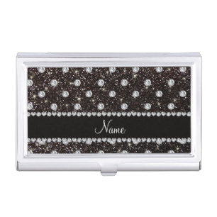 Personalized name black glitter diamonds business card case