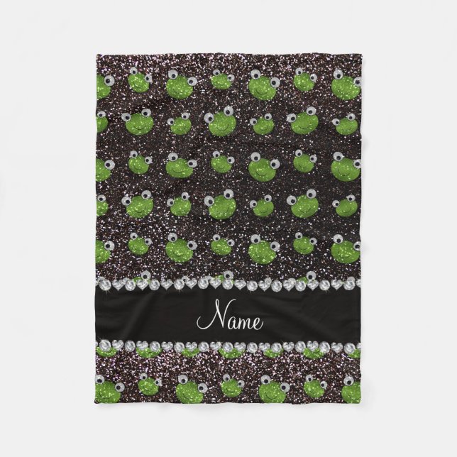 Personalized name black glitter frogs fleece blanket (Front)