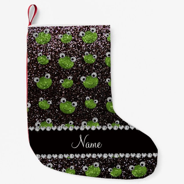 Personalized name black glitter frogs small christmas stocking (Front)