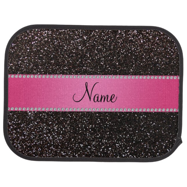 Personalized name black glitter pink stripe car floor mat (Rear)
