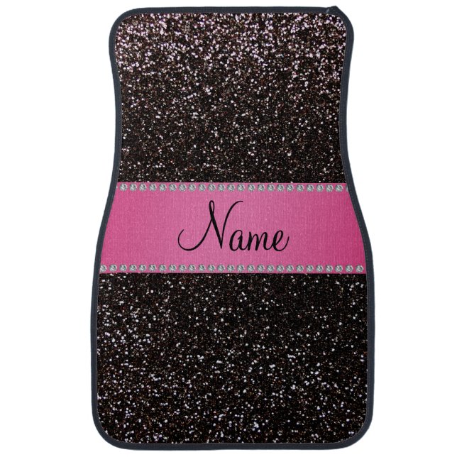Personalized name black glitter pink stripe car mat (Front)