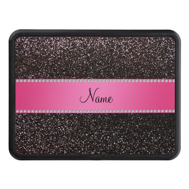Personalized name black glitter pink stripe hitch cover (Front)