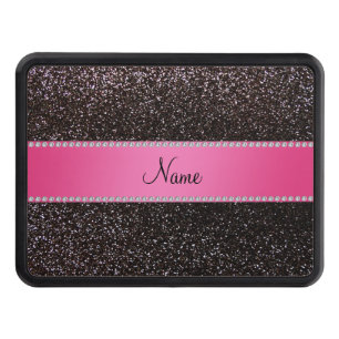 Personalized name black glitter pink stripe hitch cover