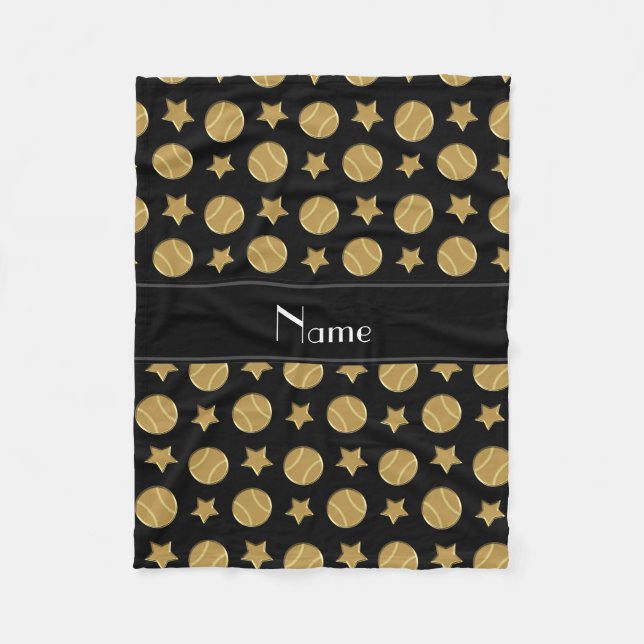 Personalized name black gold baseballs stars fleece blanket (Front)