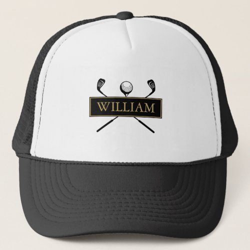 Personalized Name Black Gold Golf Ball And Clubs Trucker Hat
