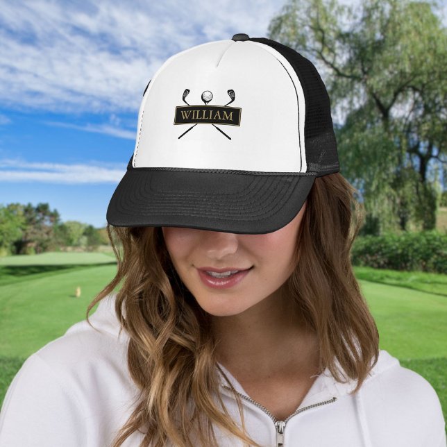 Personalized Name Black Gold Golf Ball And Clubs Trucker Hat (Personalized Name Black Gold Golf Ball And Clubs Trucker Hat)