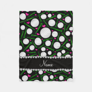 Personalized name black golf balls tees hearts fleece blanket