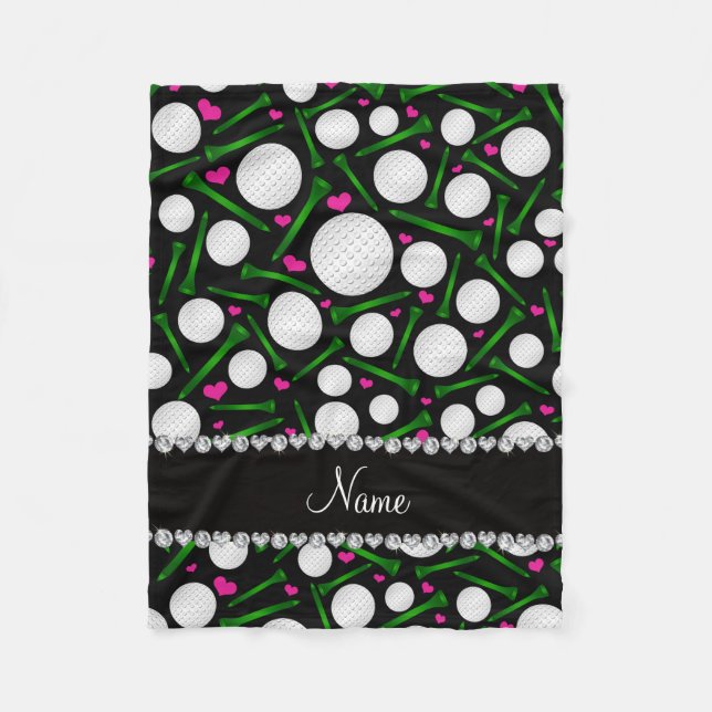Personalized name black golf balls tees hearts fleece blanket (Front)