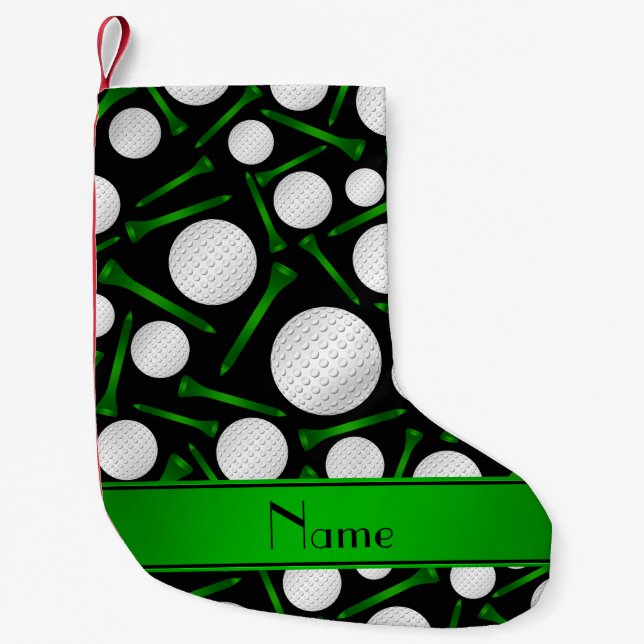 Personalized name black golf balls tees small christmas stocking (Front)
