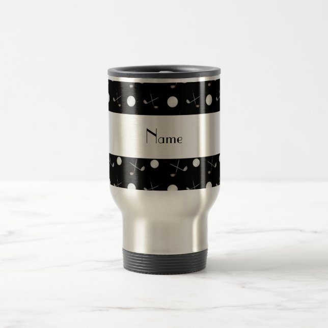 Personalized name black golf balls travel mug (Center)
