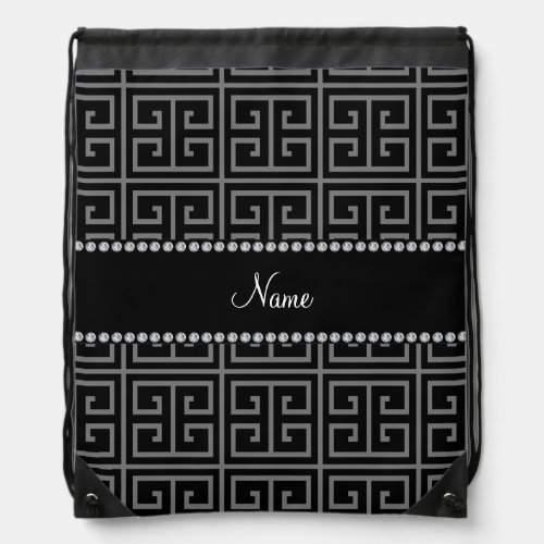 Personalized name black greek key pattern drawstring bag