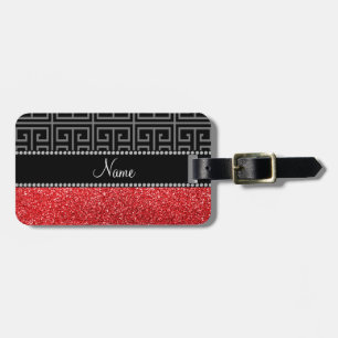 Personalized name black greek key red glitter luggage tag