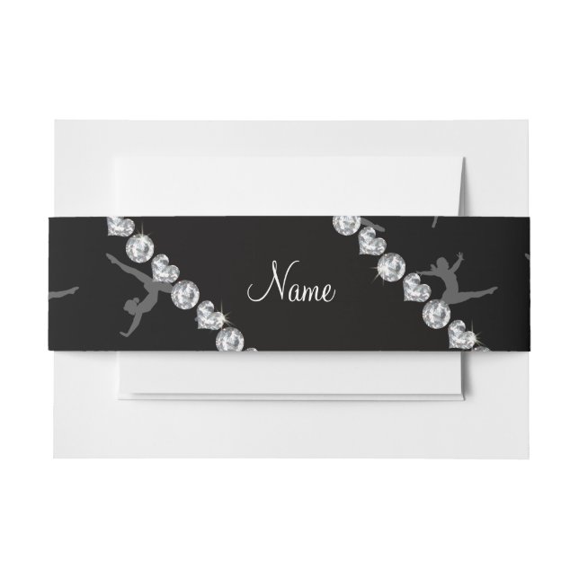 Personalized name black gymnastics pattern invitation belly band (Front Example)